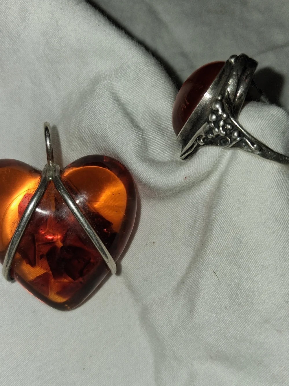 Vintage Sterling Silver Set. Amber Puff Heart Pendant With Oval Amber Ring 7.5